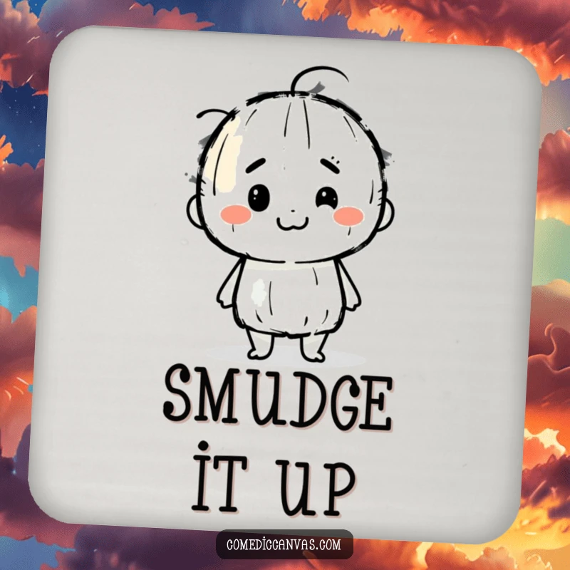 Funny drink coaster featuring a determined charcoal stick character joyfully smudging artistic lines, protecting surfaces with a touch of artful humor.