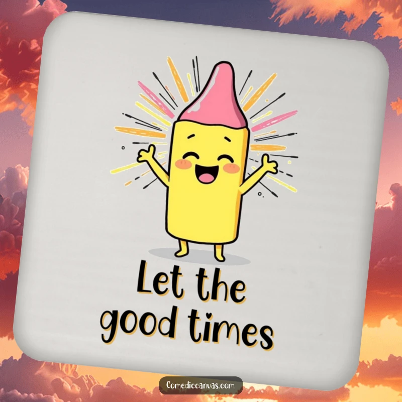 Funny drink coaster featuring a cheerful crayon drawing a sunburst, offering surface protection with joyful art, a funny gift.