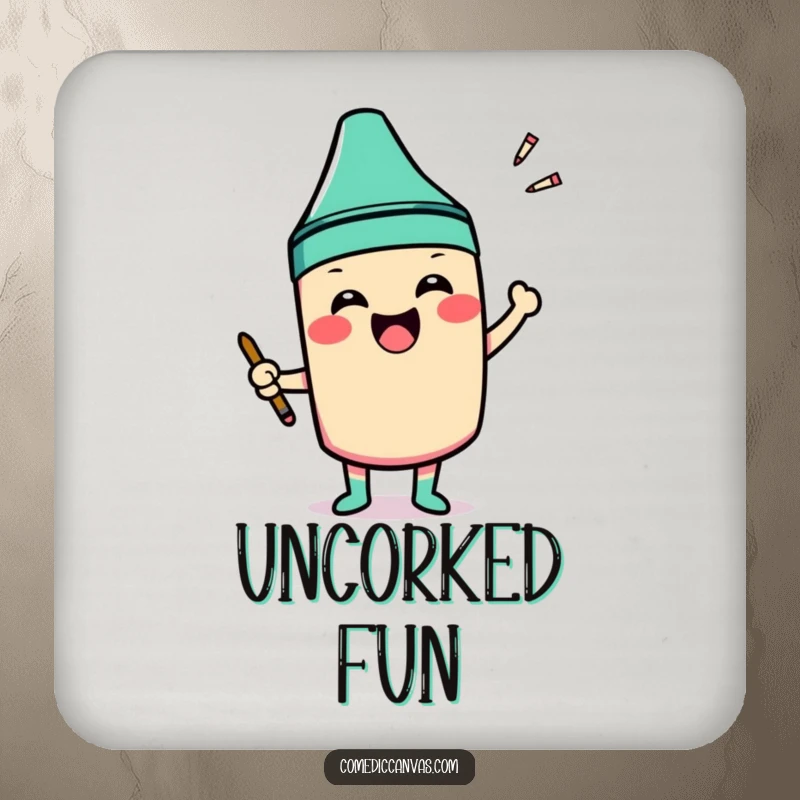 Funny drink coasters featuring a smiling crayon character excitedly coloring outside the lines of a shape, for protection.