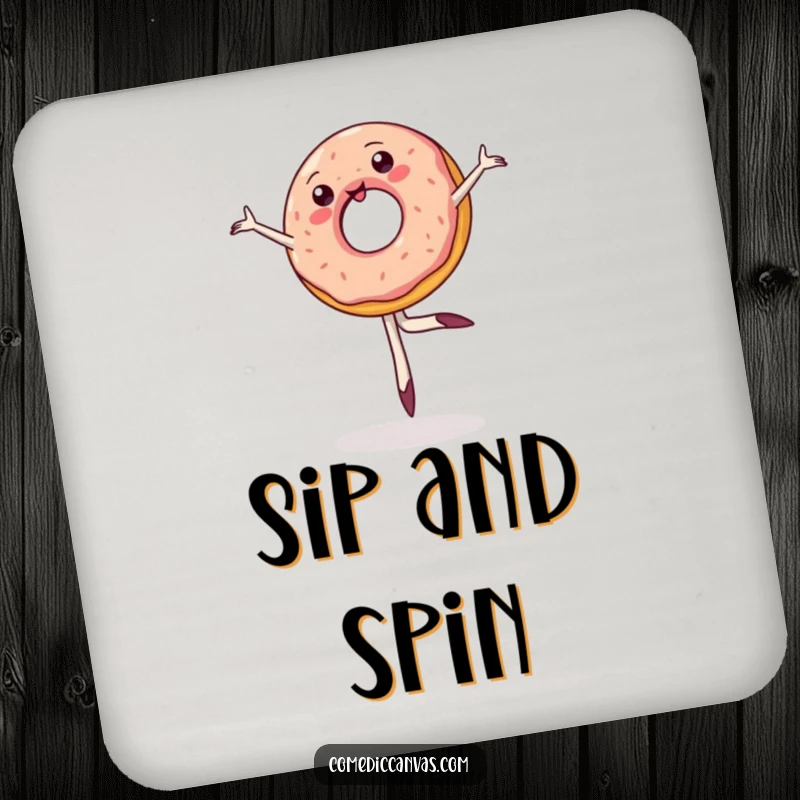 Funny drink coaster showcasing a wobbly jelly donut performing a ballet pirouette, adding a touch of sweet, humorous art to any surface.
