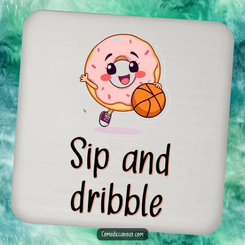 Funny drink coaster featuring a smiling donut character dribbling a basketball, protecting surfaces with sporty sweetness and humor.
