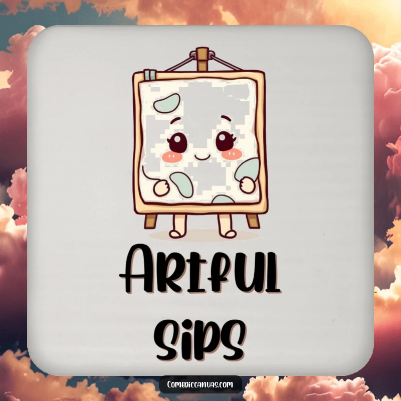 Funny smiling canvas character with a masterpiece emerging, a humorous drink coaster.