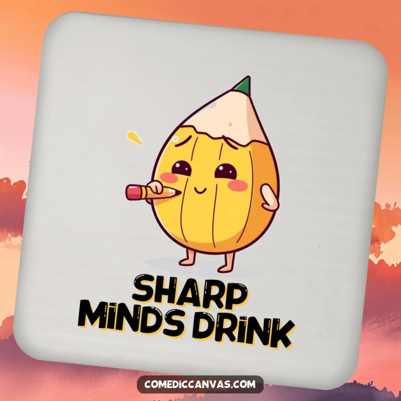 Funny drink coaster with a round pencil character sharpening itself with intense concentration, protecting surfaces with zeal.