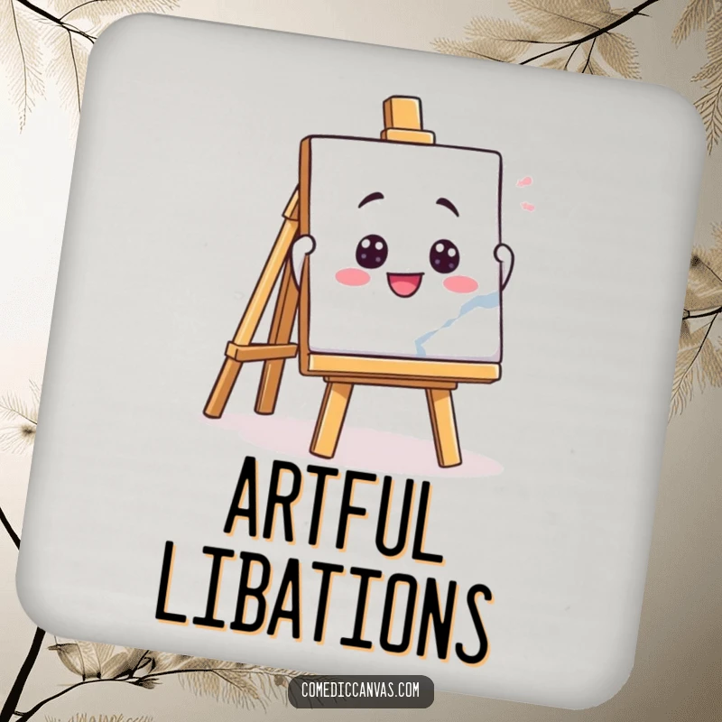 Funny drink coaster featuring a playful easel character enthusiastically holding up a masterpiece, protecting surfaces with humor.
