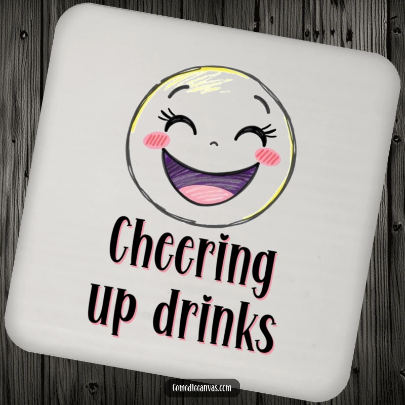 Funny delighted crayon character drawing a giant smiley face, a humorous drink coaster.