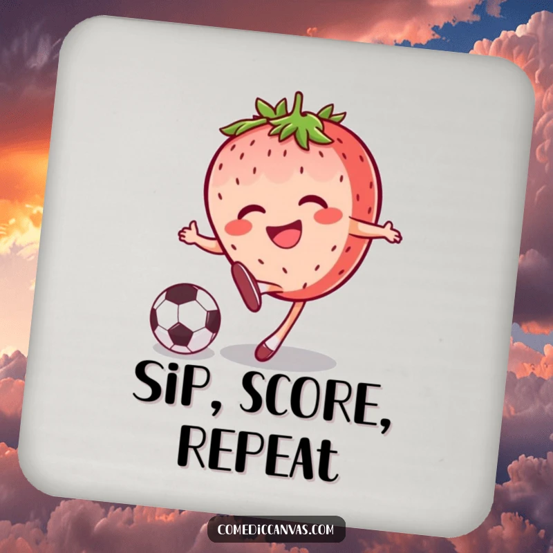 Funny joyful strawberry character kicking a soccer ball with a grin, providing humorous protection for surfaces on this coaster.