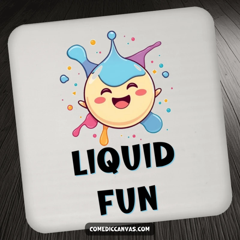 Funny drink coaster with a happy spherical ink drop character joyfully splattering itself, adding a touch of delight to any surface.