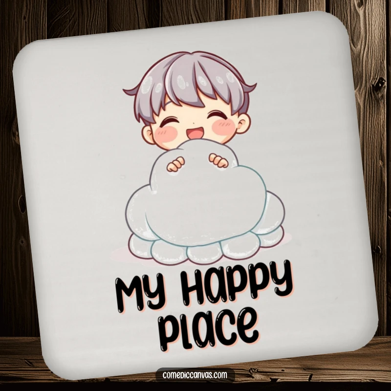 Funny drink coaster with a delighted character sculpting a cloud from shimmering clay, protecting furniture with artistic humor.