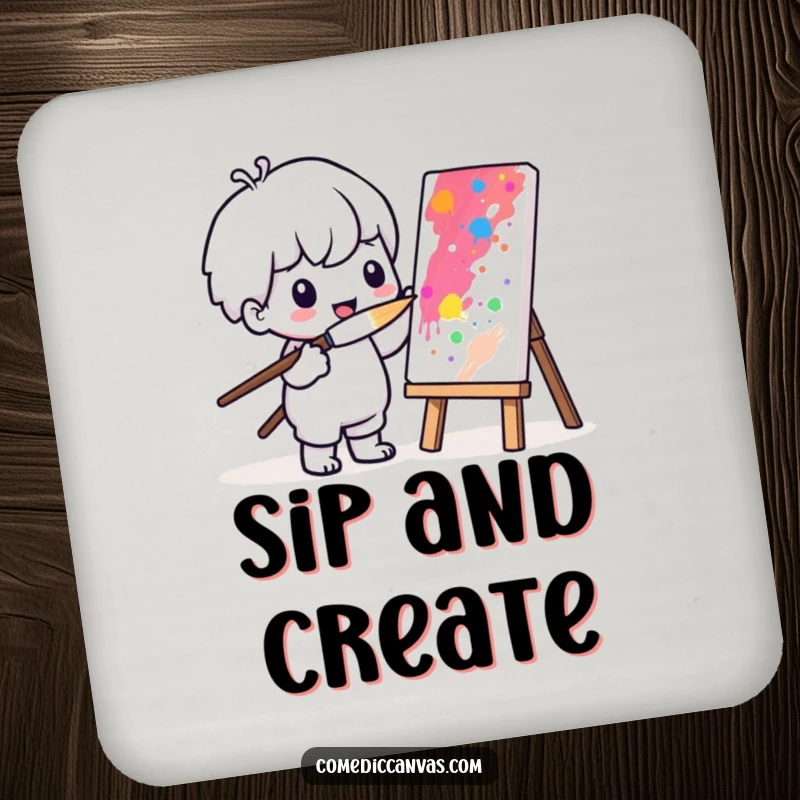 Funny drink coaster depicting a Kawaii character painting a colorful masterpiece with a comically large brush.