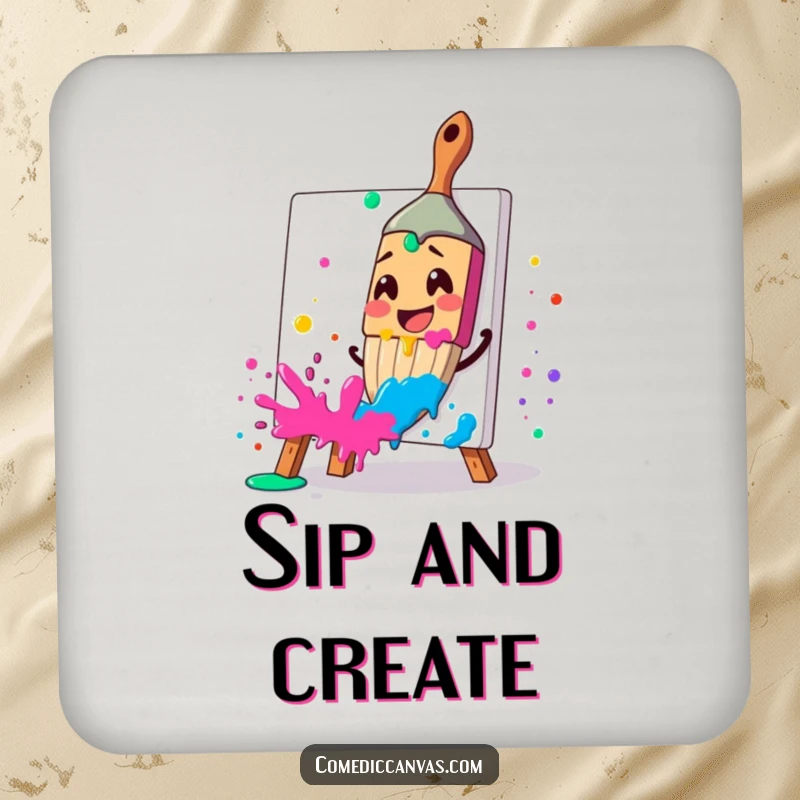 Funny drink coaster featuring a smiling paintbrush splattering paint, offering surface protection with artistic flair, a funny gift.
