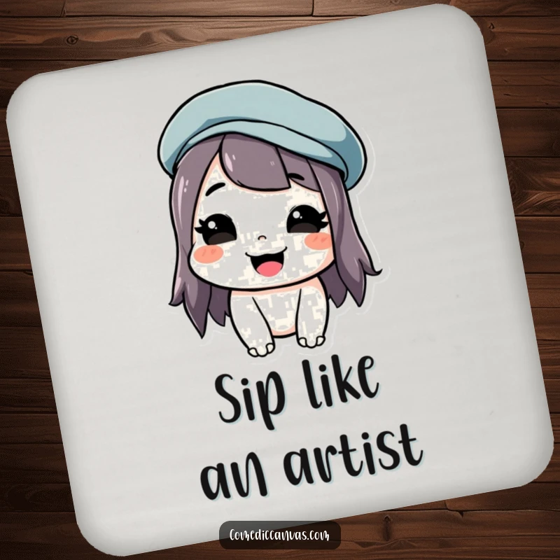 Funny coaster depicting a grinning artist with an askew beret, adding artistic flair.