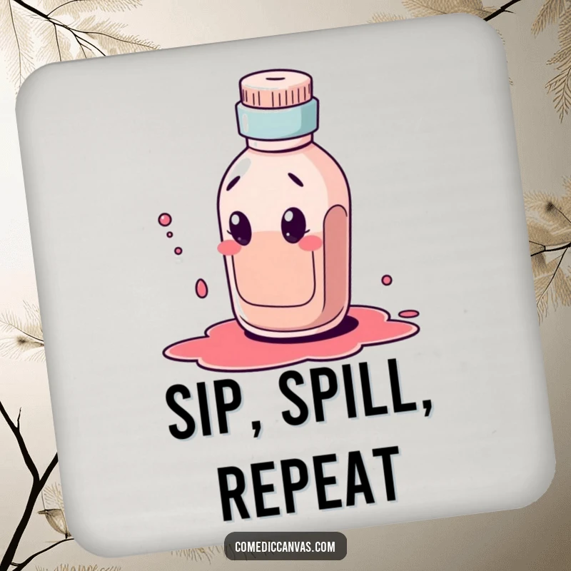 Funny drink coaster featuring a curious ink bottle character comically dribbling a large ink blot, adding artistic humor to your table.