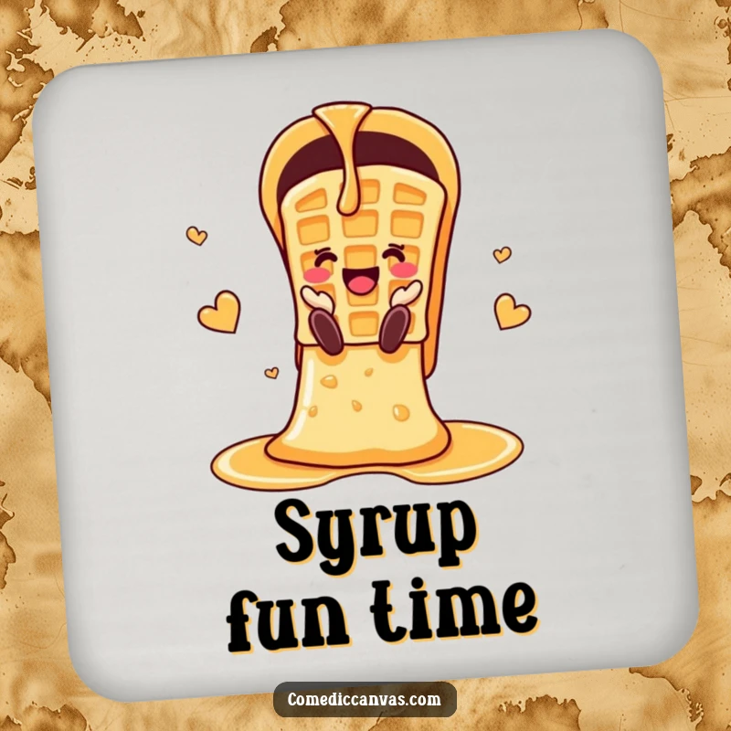 Funny cheerful waffle sliding down a syrup chute on a protective drink coaster.