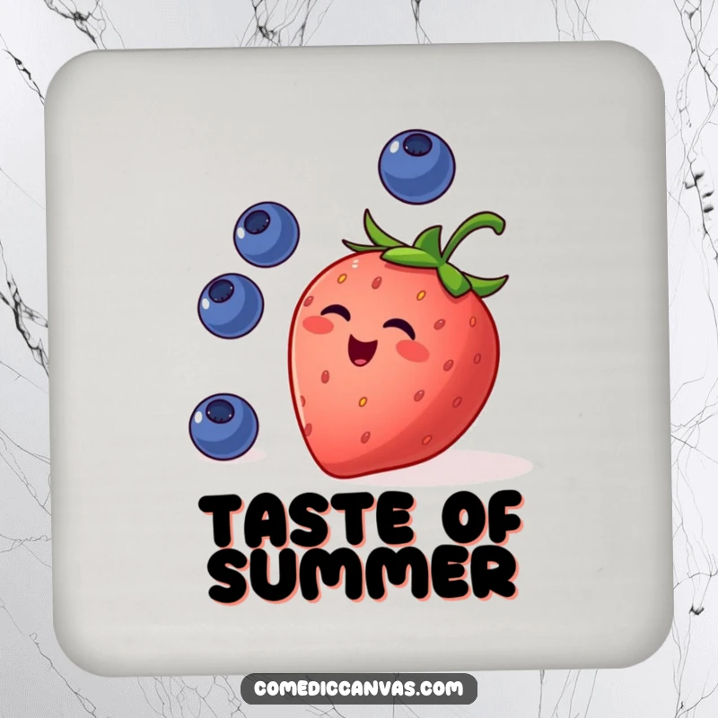 Funny drink coaster showcasing a mischievous strawberry juggling blueberries, adding a touch of sweet, humorous art to any surface.