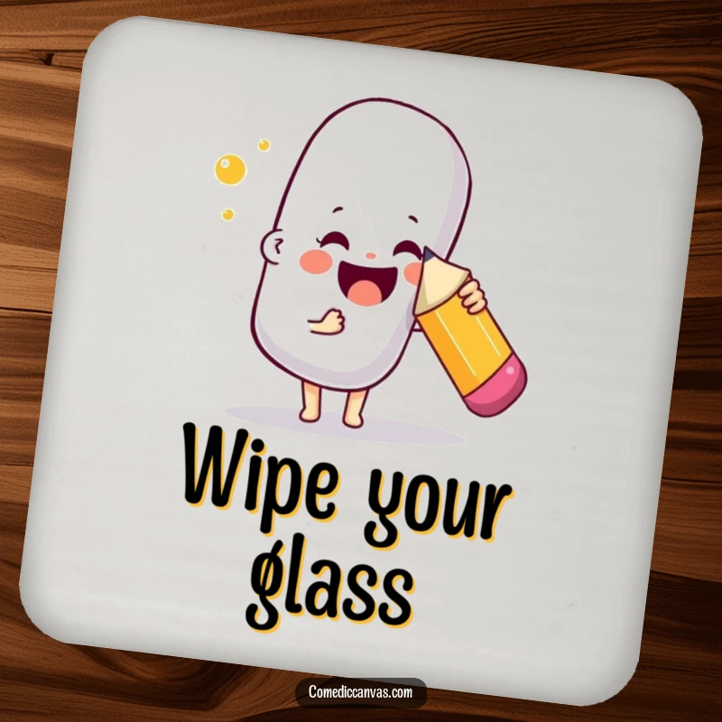 Funny drink coasters featuring a joyful character poking a giant bouncy eraser with a pencil, adding art humor and surface protection.