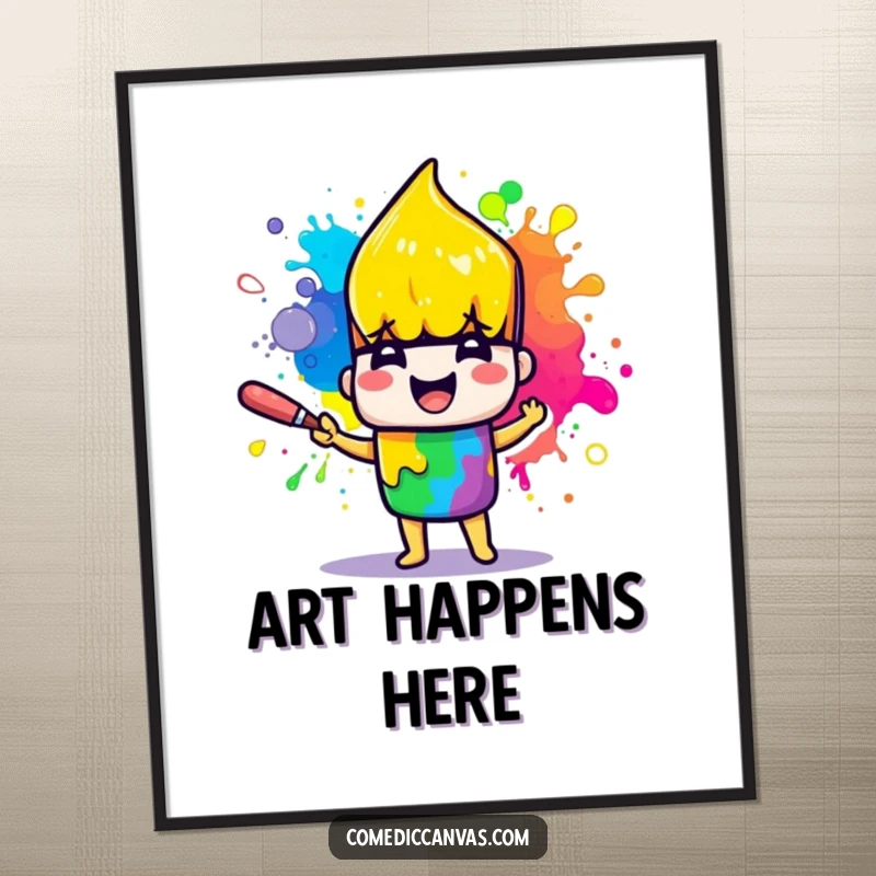 Funny art poster depicting a cheerful paintbrush character joyfully splattering vibrant rainbow paint on a wall.