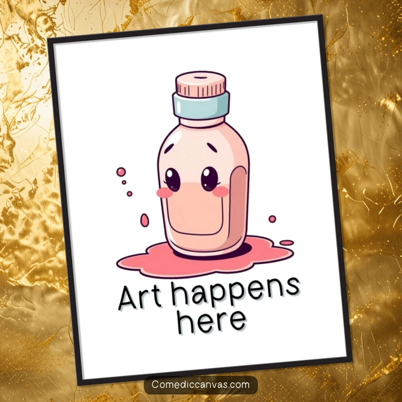 Funny poster of a curious ink bottle character comically dribbling a large ink blot, bringing a humorous artistic vibe.