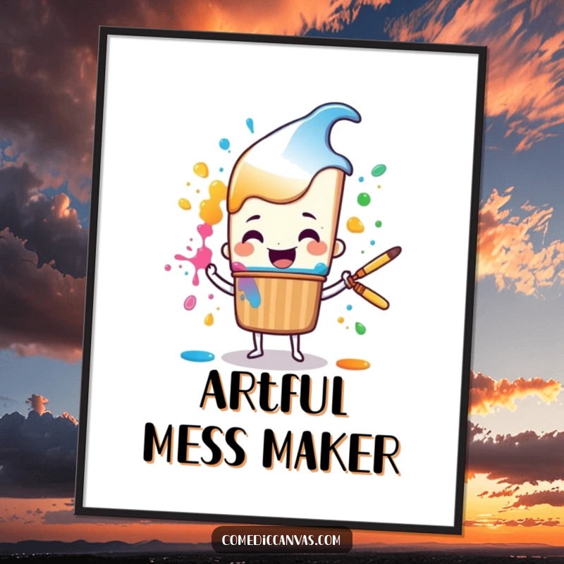 Funny cheerful paintbrush character happily splattering colorful paint, a humorous art print for walls.