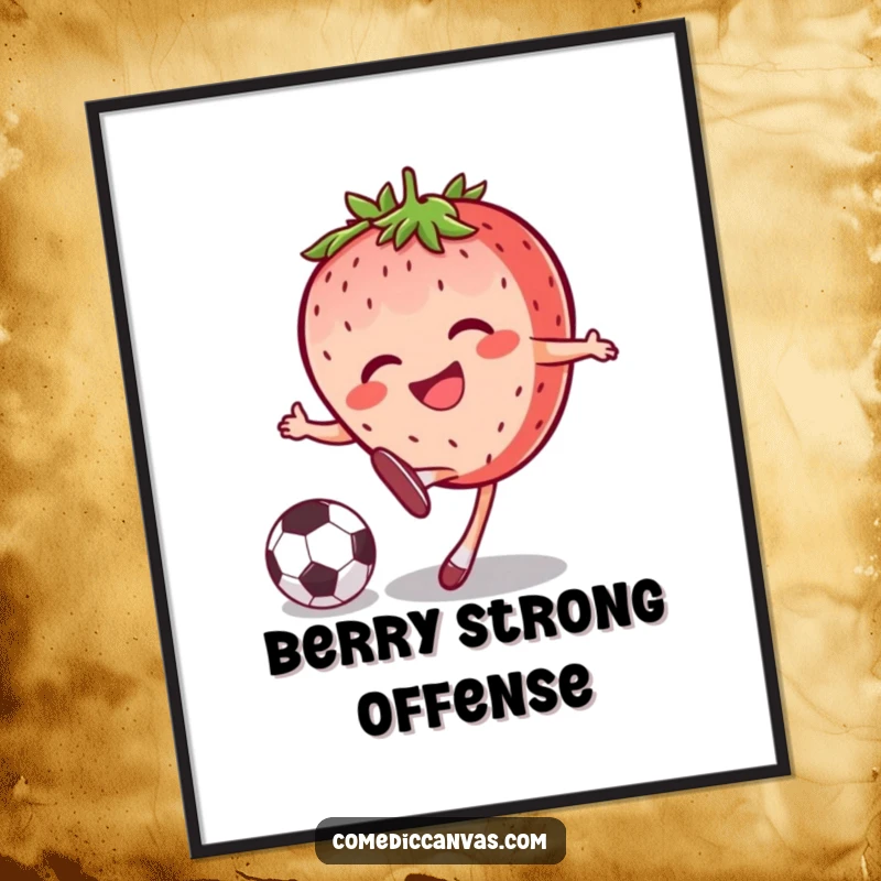 Funny joyful strawberry character kicking a soccer ball with a grin, displayed as dynamic and humorous wall art on this poster.