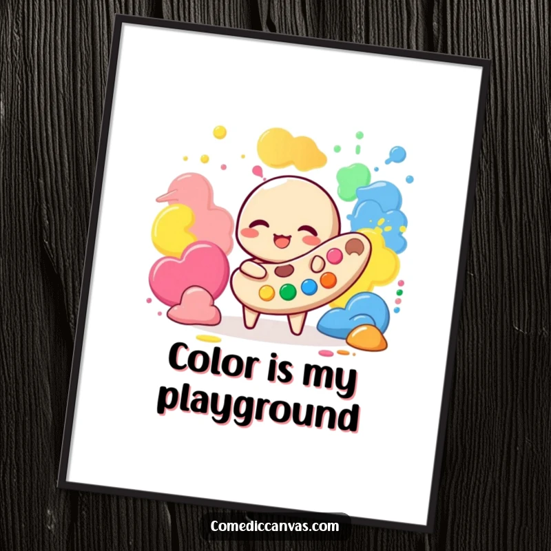 Funny poster print of a giggling palette character joyfully playing with vibrant blobs of paint, adding artistic charm to walls.