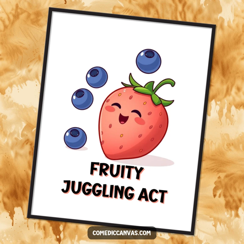 Funny poster featuring a mischievous strawberry juggling small blueberries, celebrating the playful side of nature with vibrant colors.