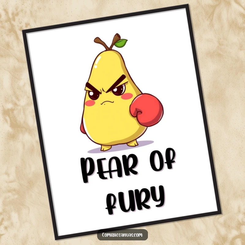 Funny grumpy pear wearing a tiny boxing glove and glaring intensely, displayed as wall art.