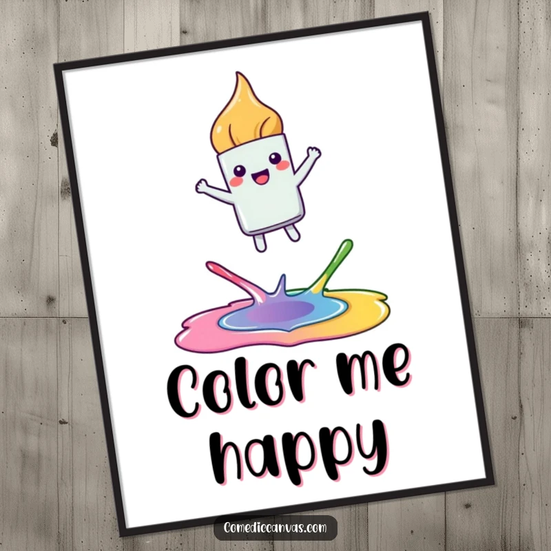 Funny poster featuring a happy, kawaii paintbrush leaping joyfully between colorful paint puddles, adding a vibrant artistic touch to decor.