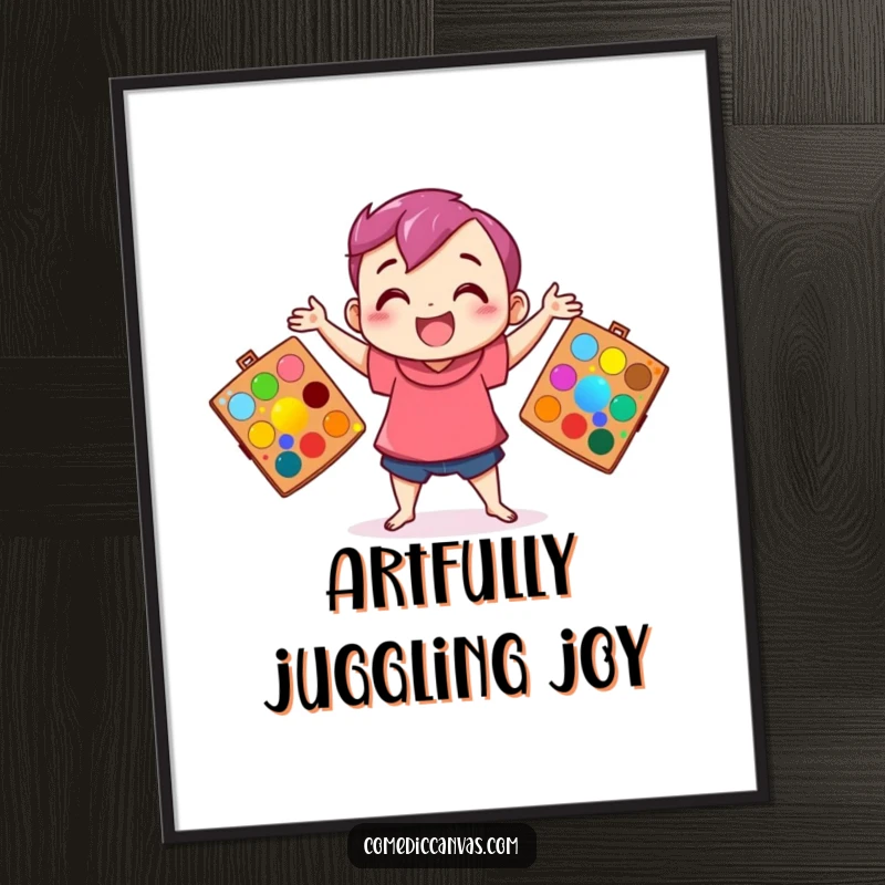 Funny poster illustrating a happy character skillfully juggling three art palettes filled with bright, dynamic colors.