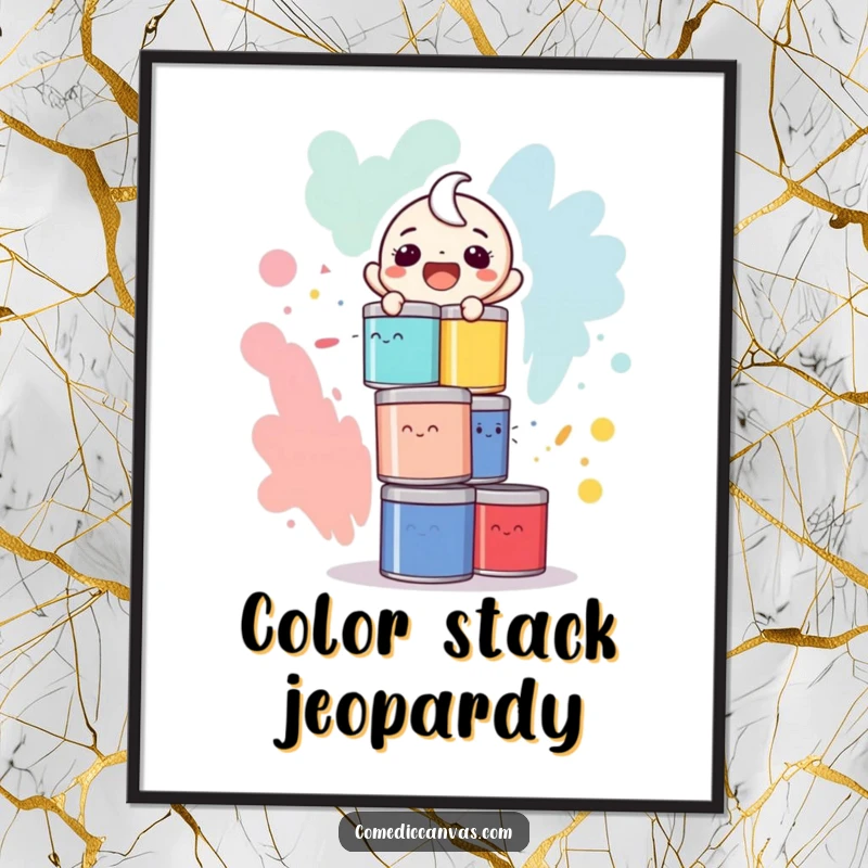 Funny poster art of a laughing character precariously balancing a towering stack of colorful paint cans, a colorful spill imminent.