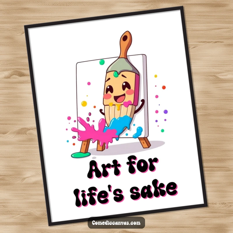Funny poster art of a smiling paintbrush excitedly splattering vibrant paint, representing artistic passion, a funny gift.