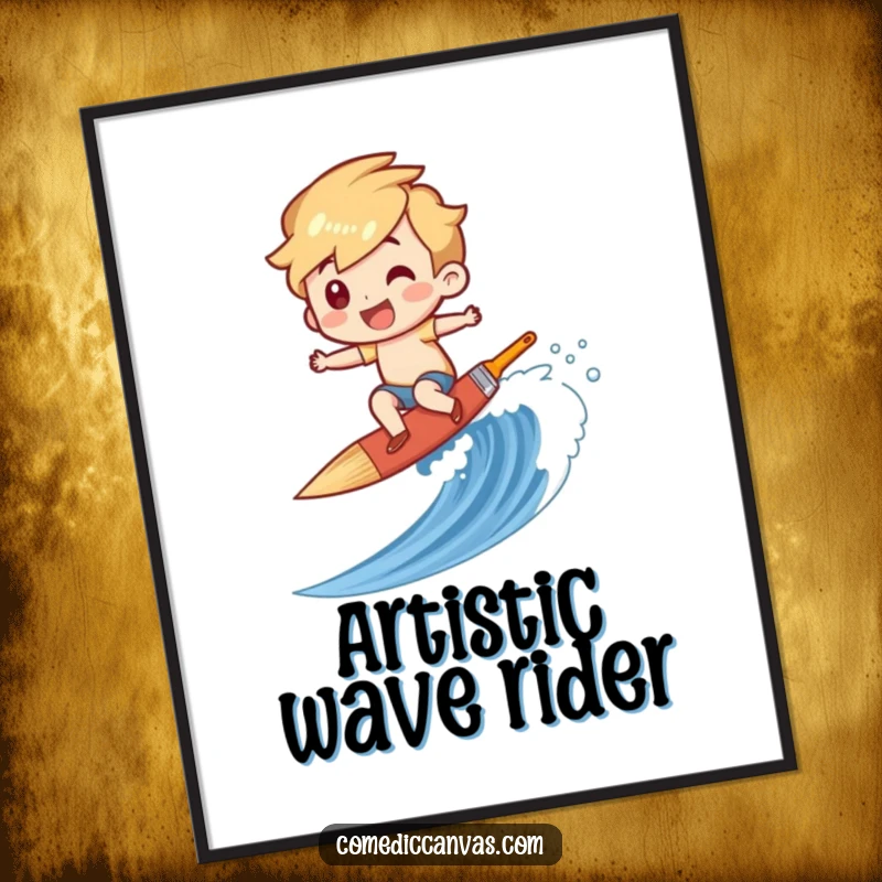 Funny poster illustrating a character gleefully surfs a paintbrush down a painted wave, capturing the thrill of artistic creation.