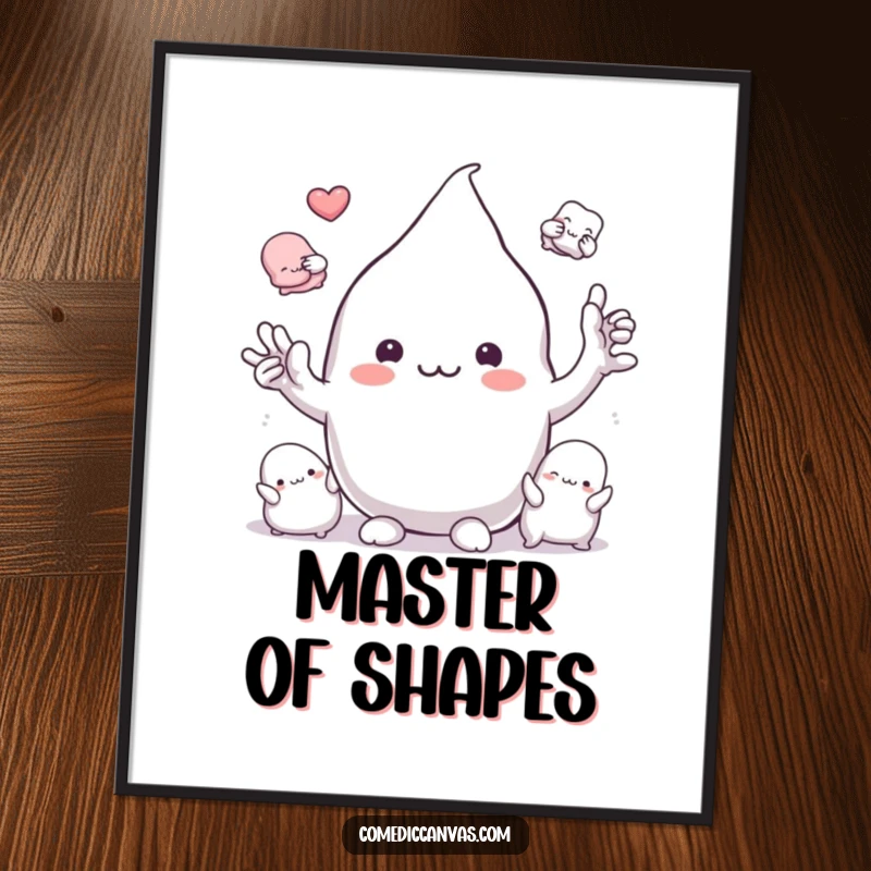 Funny playful clay blob character molding itself into various shapes, large wall art poster, humorous artistic illustration.