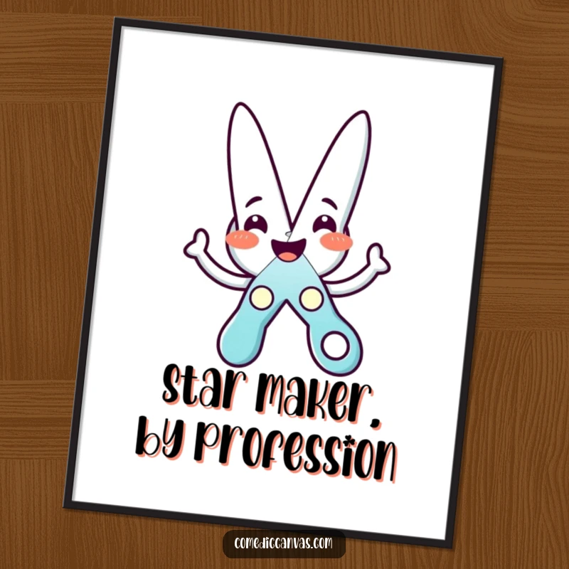 Funny poster art of a cheerful scissors character precisely cutting a star, adding a touch of whimsy.