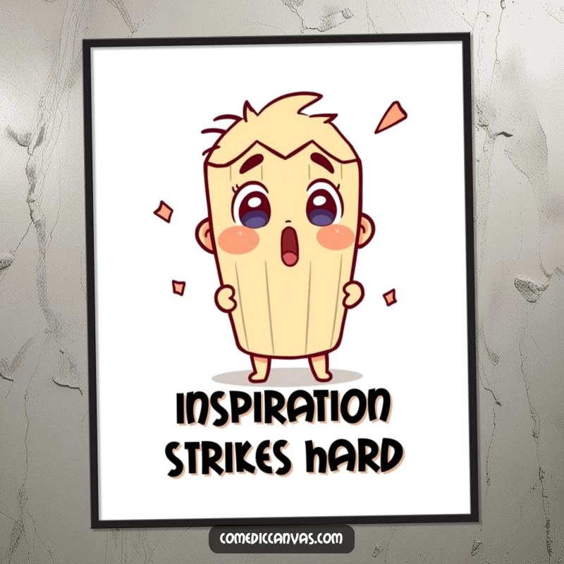 Funny surprised pencil character in a state of excited sketching, displayed on a poster for vibrant wall art.