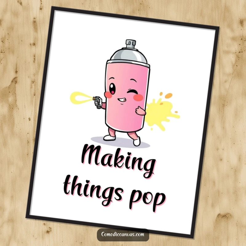 Funny poster of a determined spray paint can character leaving a vibrant, flowing trail, symbolizing artistic expression.