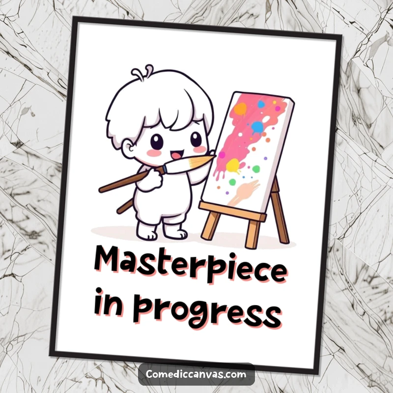 Funny poster art of a cute Kawaii character painting a beautiful, vibrant masterpiece with a comically large paintbrush.