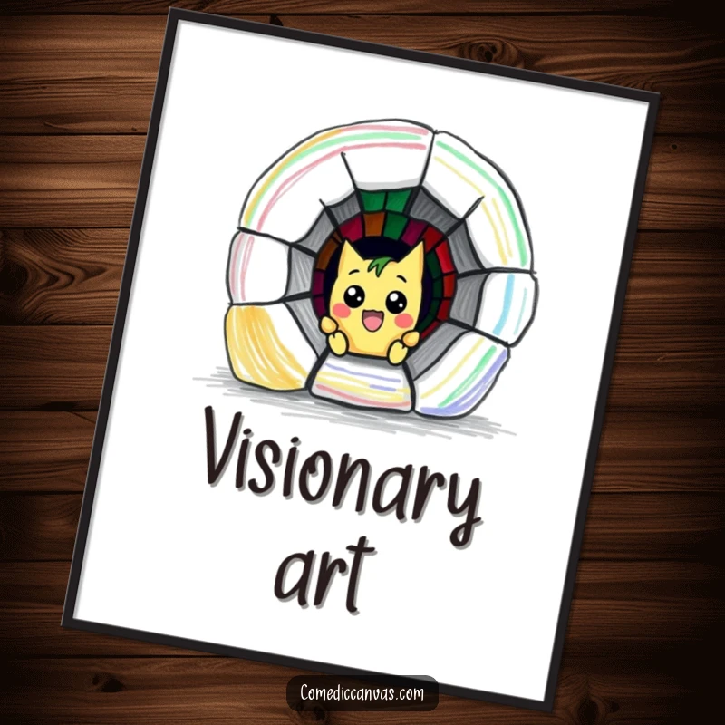 Funny poster depicting a mischievous crayon character humorously illustrating a vibrant escape tunnel, adding witty decor to any space.