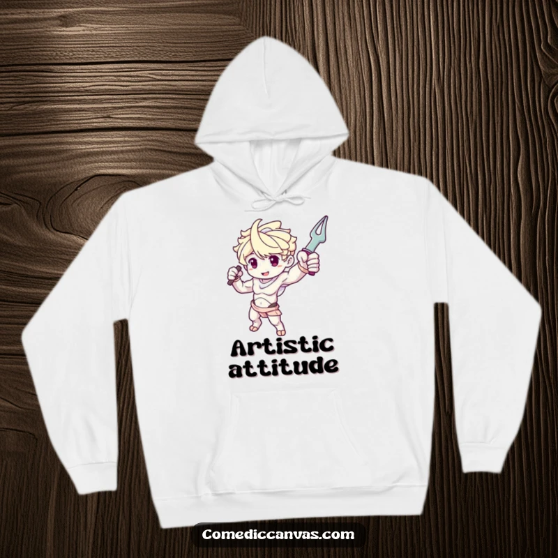 Funny hoodie with a cute sculpture arm character dramatically posing with a tool, offering cozy artistic flair.