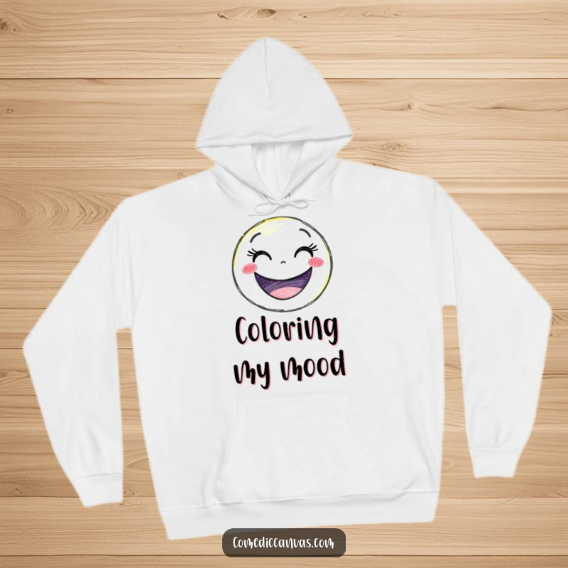 Funny delighted crayon character drawing a giant smiley face, a warm and humorous hoodie for happy people.