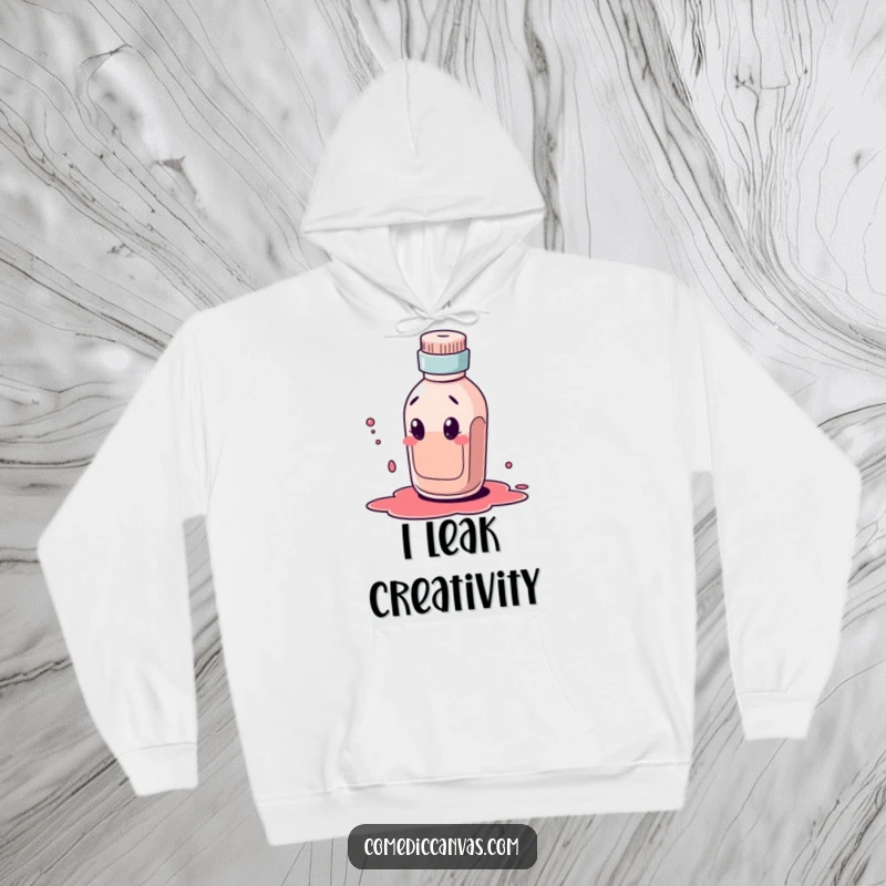 Funny hoodie showcasing a curious ink bottle character comically dribbling a large ink blot, embodying creative flow and a bit of mess.