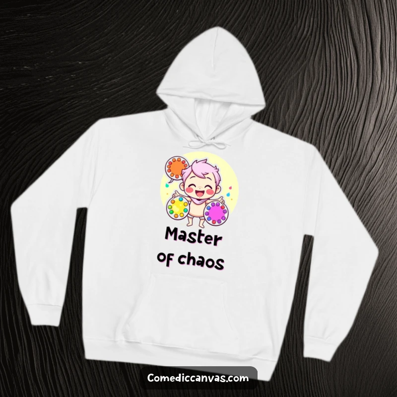 Funny hoodie depicting a happy character skillfully juggling three vibrant art palettes, perfect for cozy creative sessions.