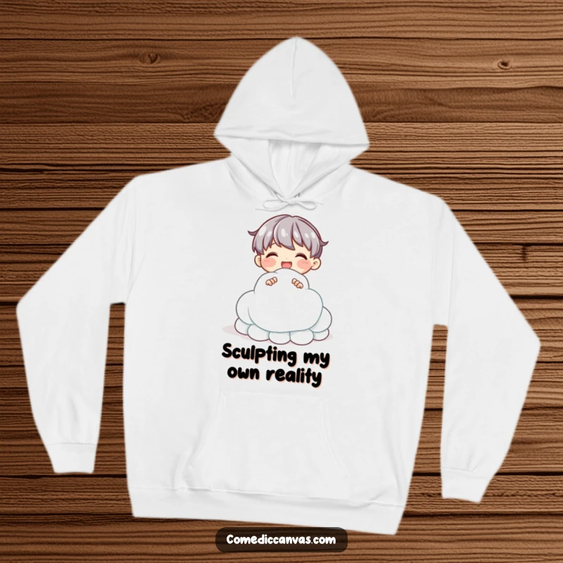 Funny hoodie depicting a delighted character sculpting a cloud from shimmering clay, offering warmth and artistic inspiration.