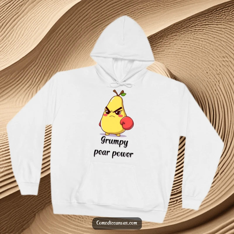 Grumpy pear wearing a tiny boxing glove and glaring, featured on a warm and funny hoodie.