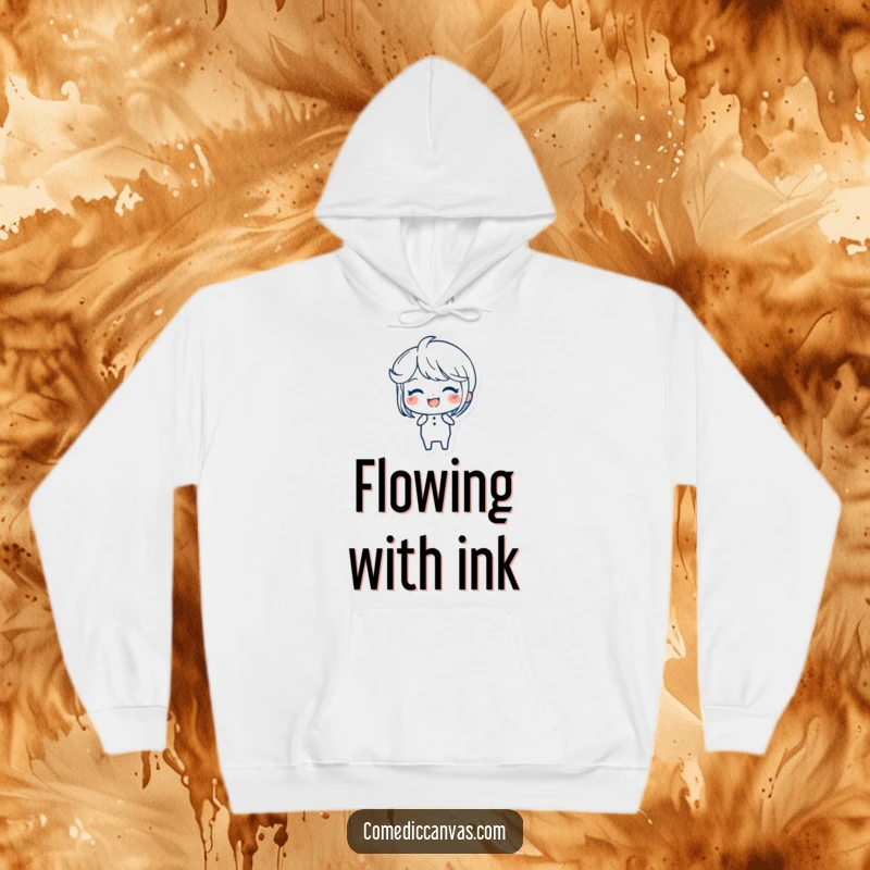 Funny Ink Pen Hoodie featuring a joyful character creating elegant, flowing strokes, designed for comfort and inspiration.