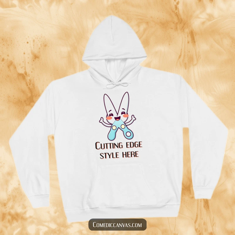 Funny hoodie featuring a happy scissors character meticulously cutting out a star, perfect for warm and creative moments.