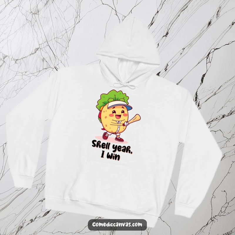 Funny cheerful taco character triumphantly playing baseball, designed for cozy warmth and sporty fun on this hoodie.