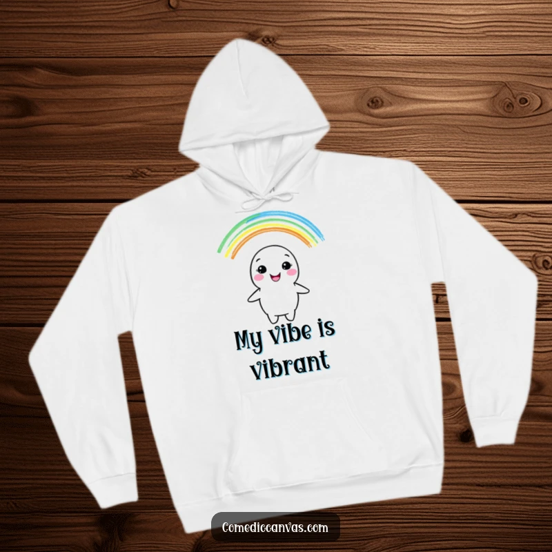 Funny hoodie featuring a cheerful crayon character creating a beautiful rainbow with a wide, happy grin, perfect for art lovers.