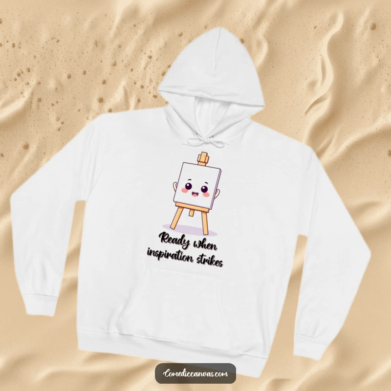 Funny kawaii easel holding a blank canvas, a cozy hoodie symbolizing creative beginnings and artistic anticipation, great gift.