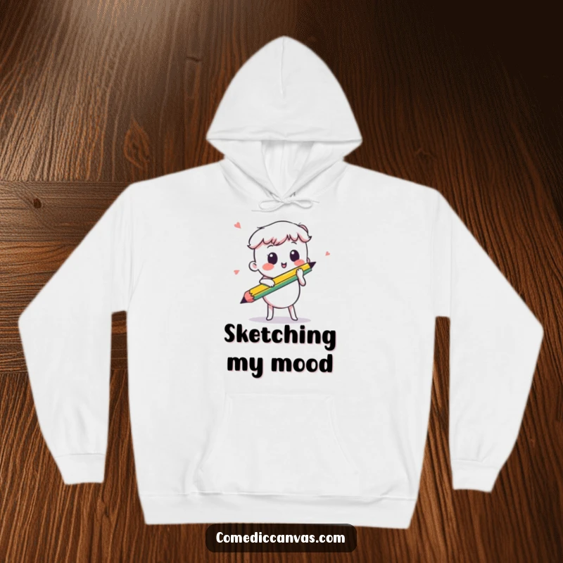 Funny kawaii pencil drawing a swift, vibrant line, a cozy hoodie for art lovers, conveying energetic creativity and humor.