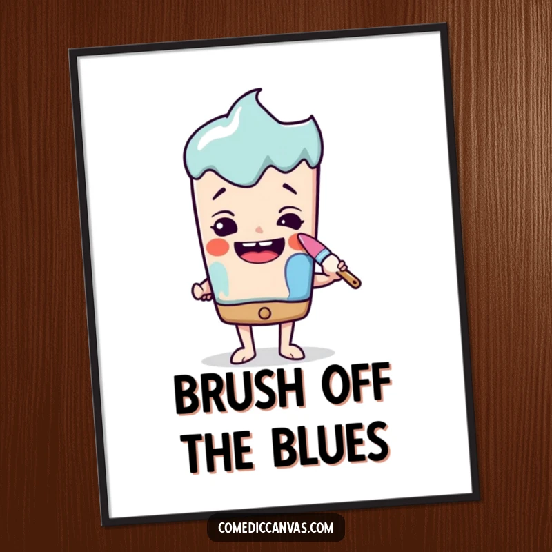 Funny Free Printable Wall Art: A determined paintbrush character painting a smile onto a frown, symbolizing positivity and artistic transformation.